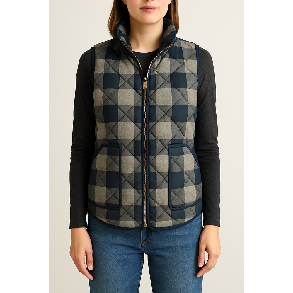 J.Crew Women's Quilted Puffer Vest Large Navy Gray Buffalo Check Plaid
